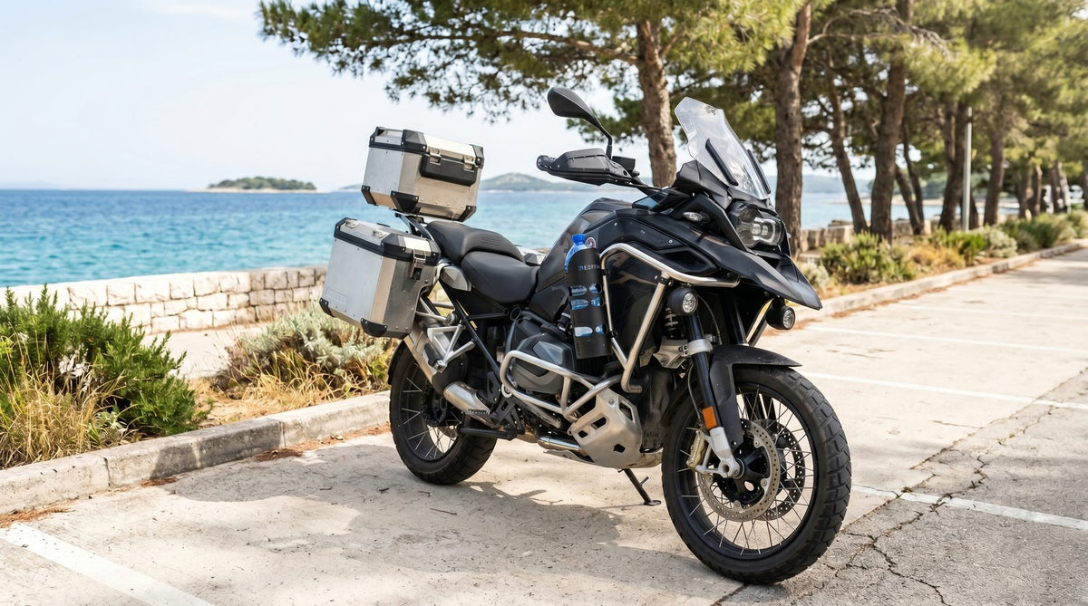 Motocykl z zamontowanym uchwytem REDFACE na trasie